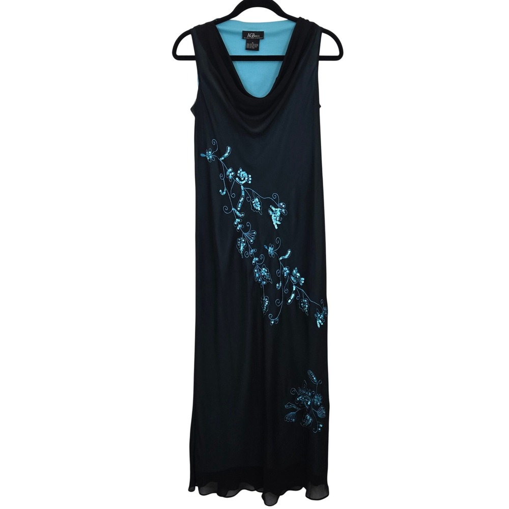 VTG 90s AGB Prom Dress 12( S/M) Black Teal‎ Cowl Neck Floral Sequin Whimsigoth - Picture 2 of 15